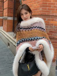 Frauen Cape Schal Tops Wolle stricken Warme Mantel Mantel Frühling Herbst Koreanischen stil Kleidung faux pelz hals lange Poncho mujer