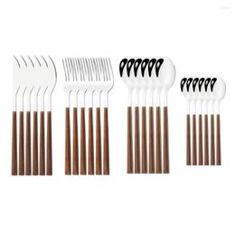 Dinnerware Sets 24pcs Kitchen Cutlery Set Utensils Stainless Steel Fork Spoons Knife Tableware Imitation Wooden Handle Silverware