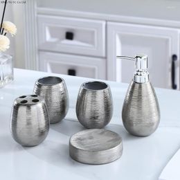 Bath Accessory Set Bathroom Electroplating Silver Brushed Embossed Ceramic Toothbrush Holder Soap Dispenser Toilet Decoration Accessories