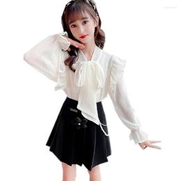 Clothing Sets Girls Spring Summer Suit 2022 Kids Long Sleeve Chiffon Blouse Skirt 2PC Set Child Elegant Casual Teen Outfits 5 To 14