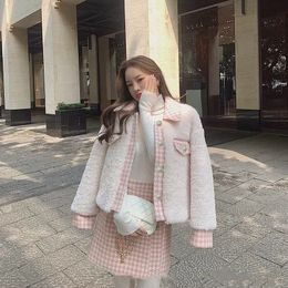 Two Piece Dres Winter Casual Retro Patchwork Thick Lamb Wool Jacket Coat Temperament Short Skirt Suit Female Warm Sweet Set 221010