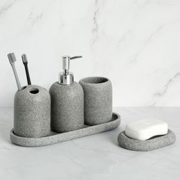 Bath Accessory Set Bathroom 4 Pieces Countertop Lotion / Soap Dispenser Toothbrush Cup Holder Tumbler And Tray Gray Sand