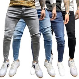 Mens Jeans Blue Satine Elastic Waist Skinny Stretch Ripped Pants Streetwear Denim 221008