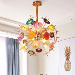 Pendant Lamps Modern Luxury Led Chandelier 60 80cm Colourful Agate Stone Dandelion Shape Lustre Light Fixture Living Room Restaurant Hanglamp