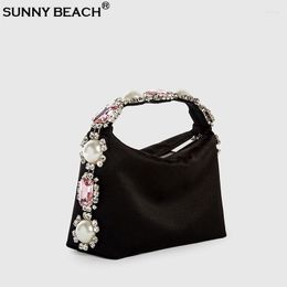 Luxury Black Satin Evening flower tote bag with Rhinestone Crystal Diamonds - Perfect for Prom, Parties, Weddings and More!