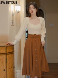 Two Piece Dress Autumn Winter French Vintage Ladies Skirt Set Fashion Casual Square Neck Sweater Single Breasted Pieces Suit Belt 221010