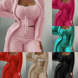Einzelhandel Damen Jogger Sets Mode Lässig Plüsch Lace Up Cardigan 3-teiliges Hosen Set Neue Herbst Und Winter 3XL Kleidung