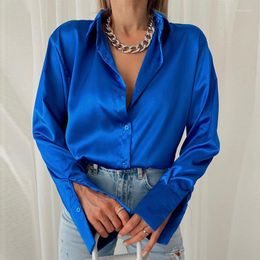 Women's Blouses Fashion Lapel Collar Satin Womens Shirt Spring Autumn Solid Color Long Sleeve Cardigan Tops Streetwear Button Female