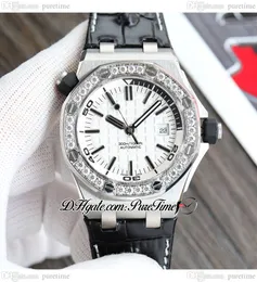 Custom Moissanite Diamond Bezel A3120 Automatic Mens Watch 42mm 1571 White Textured Dial Leather Strap With White Line Super Edition Watches Puretime A1