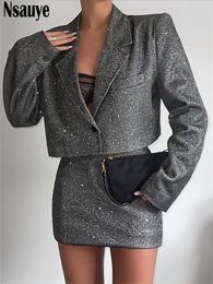 Two Piece Dress Nsauye Sexy Glitter Elegant Women Blazer Skirt Suit Long Sleeve Tops And Mini Club Wrap Party Set 221010