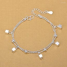 Anklets Silver 925 Fashion Jewelry Double Chain Square Anklet For Women Girls Friend Foot Barefoot Leg Gift