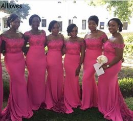 Fuchsia Elegant Satin Mermaid Bridesmaid Dresses Long For Black Girls Sexy Off Shoulder Lace Appliqued Maid Of Honor Gowns Aso Ebi Wedding Guest Party Dress AL8545