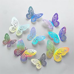 12PCS/Set 3D Wall Stickers Hollow Butterfly Laser Silver Rose Gold Kids Rooms Party Wedding Christmas DIY Decoration Supplies MJ0872