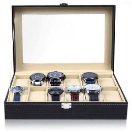 Watch Boxes 6/10/12 Grids Leather Box Display Case Holder Black Storage Glass Jewelry Organizer For Men & Women Gift