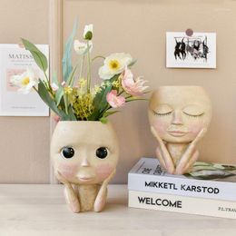 Vases Human Face Vase Art Statue Sculpture Potted Decorative Ornaments Hand-painted Cheek-supporting Resin Flower Pot Creative