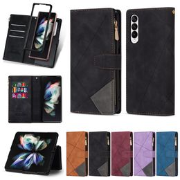 Retro Rope Folio Geometric Print Zipper Phone Cases for Samsung Galaxy Z Fold3 Fold4 5G Lanyard Multiple Card Slots Leather Wallet Chain Kickstand Protective Shell