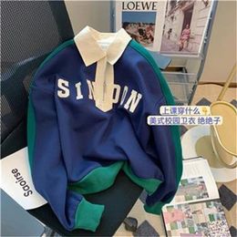 Womens Hoodies Sweatshirts Retro college style Polo collar contrast color sweater womens spring and autumn design trend of niche tops 221010