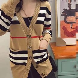 E56 Women's sweater women jacket cashmere cardigan mid-length knitted V-neck loose striped sweater thin ladies trench coat