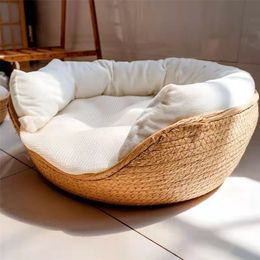 Cat Beds Furniture Pet Bed Cat Mat Kennel Dog Beds Sofa Bamboo Weaving Four Season Cozy Nest Baskets Waterproof Removable Cushion Sleeping Bag 221010