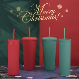 24oz Plastic Tumbler Double Wall Colorful Frosted Taper Rubber Paint Cups With Flat Lids&Straw Christmas Halloween Large Water Bottle Note colors B5