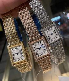 Classic Rectangular Tank Wristwatch Women Geometric Roman Numerals Watches Female Quartz Watch Stainless Steel Strap Zircon Bezel 22mm