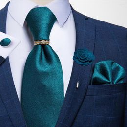 Bow Ties Design Men Tie Silk Blue Solid Necktie Brooch Ring Set Business Wedding Neckwear Accessories DiBanGu
