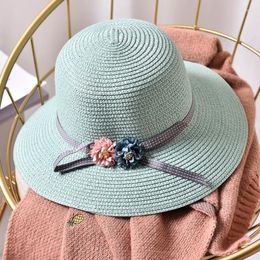 Hats HT1553K Fashion Girls Flower Wide Brim Straw Hat Child Floppy Beach Kids Panama Bucket Foldable Summer Sun