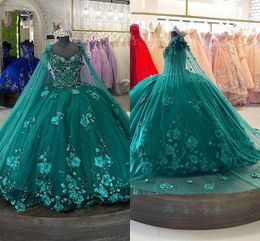 2023 Floral 3D Lace Flowers Pearls Quinceanera Dresses Emerald Green With Cap Beaded Applique Off Shoulder Princess Ball Gowns Puffy Prom Pageant