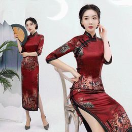 Ethnic Clothing Sexy Satin Bride Wedding Chinese Dress Plus Size 3XL 4XL Lady Print Floral Cheongsam Classic Buttone Qipao Traditional Vesti