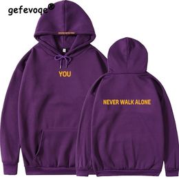 Felpe con cappuccio da donna Felpe in pile invernale Kpop Jimin You Never Walk Alone Stampa di lettere Streetwear Felpe con cappuccio Hip Hop Pullover Felpe con cappuccio oversize 221010