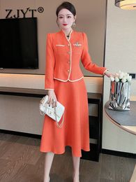 Two Piece Dress ZJYT Designer Autumn Sets 2 Womens Outfits Orange Elegant Long Sleeve Jacket and Midi Skirt Suit Party Office Wear 221010