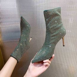 Kadın ayakkabıları ayak bileği botları kadınlar için sivri tam matkap ince topuk elastik botları yeni yüksek topuklu kısa fransız küçük