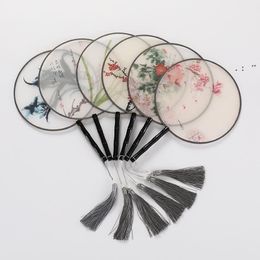 Round Palace Fan Handmade Silk Art Printing Chinese Ancient Hand Fan Dance Performance Wedding Gift Party Decorate BBB16159