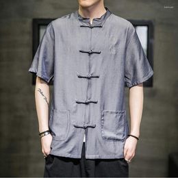 Ethnic Clothing 2022 Chinese Style Men Shirt Button Stand Collar Short Sleeve Casual Loose Tops Ice Silk Vintage Tang Suit Shirts 30050