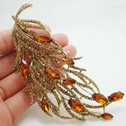 Brooches Vintage Feather Brooch Pin Brown Long Retro Style Art Nouveau Rhinestone Crystal Party Jewellery Pins