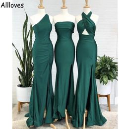 Dark Green Mermaid Bridesmaid Dresses Long Silk Satin Pleated Maid Of Honor Gowns Sexy Side Slit Wedding Guest Party Dress Backless Formal Wear 2023 Fashion AL9407