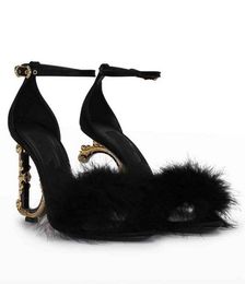 Famous Brands Keira Sandals Shoes Women Barocco-Heel Feather Ankle Strap Lady Sandalias D and G-shape Heels Sculptural Baroque Party Wdding EU35-43