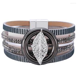 Bangle Leather Bracelet Female Trendy Leaf Metal Charm Rhinestone Crystal Multilayer Wide Bracelets For Women Jewellery