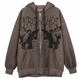 Womens Hoodies Sweatshirts Women Vintage Angel Print Hoodies Punk Long Sleeve Zip Up Pocket Hip Hop Outwear Autumn Winter Hooded Jacket Y2k Clothes 221010