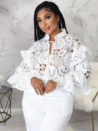 Ethnic Clothing Dashiki African Shirts For Women Elegant Long Sleeve Hollow Out Lace Sheer See Through Top Blouse 2022 Autumn