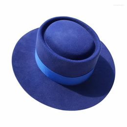 Berets Solid Color Unisex Vintage Flat Top Boater Hat Cap Wool Wide Brim Fedora Hats With Ribbon For Women Men WholesaleBerets