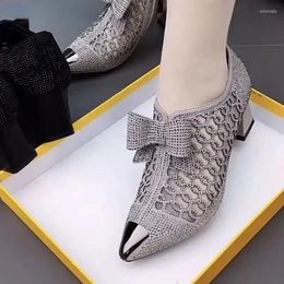 Dress Shoes Lady Women Luxury Mesh Breathable Bow-knot Rhinestone Elegant Medium Heels Single High Pump Pointed Toe Sandals
