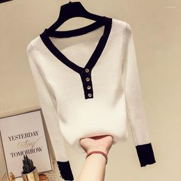 Women's Sweaters White Knit Coat Button Pullover Low V Collar Women Sweater Women's T-shirt For Girl Pull Slim Top Cloth Shirt Clothes