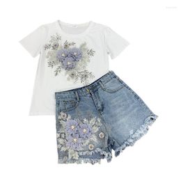 Women's Tracksuits 2022 Summer Women Suit Beaded Flower Short-sleeved T-shirt And Denim Shorts Two-piece Slim Casual Student 2-piece Set