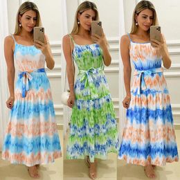 Casual Dresses Ripple Print Bohemian Beach Clothing Elegant A-Line Summer Dress Women Sundress Sexy Straps Maxi Vestidos Mujer