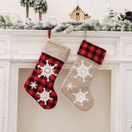 Snowflake Chequered Christmas Stockings Xmas Tree Hanging Decoration Ornaments Fireplace Socks Candy Gift Bag RRB16149