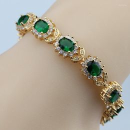 Link Bracelets Flower White Zircon &Green Created Emerald Bracelet Health Fashion Jewellery For Women Free Box SK16