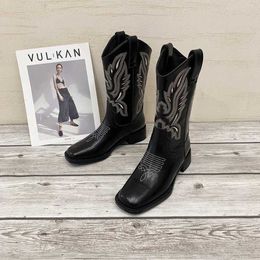 Boots thick heel wild western cowboy v-mouth embroidery sleeve riding middle tube square head rider boots