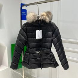 Womens Winter Coat Puffer Jacket Short Slim Natural Big Fox Fur Collar Thick Outerwear Belt Classic Fashion Solid Casual Parka Black S-XL 90% White Duck Down Clothing