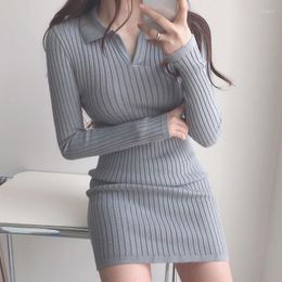 Casual Dresses Vintage Simple Polo Collar Elasticity Slim Short Knitted Dress Female 2022 Spring/Autumn Korean Chic Bag Hip Sweater